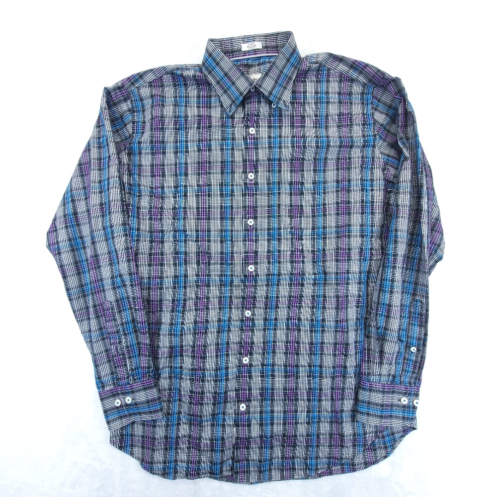 Peter Millar Dress Shirt Mens Large Blue Purple Plaid Classic Preppy Button Down